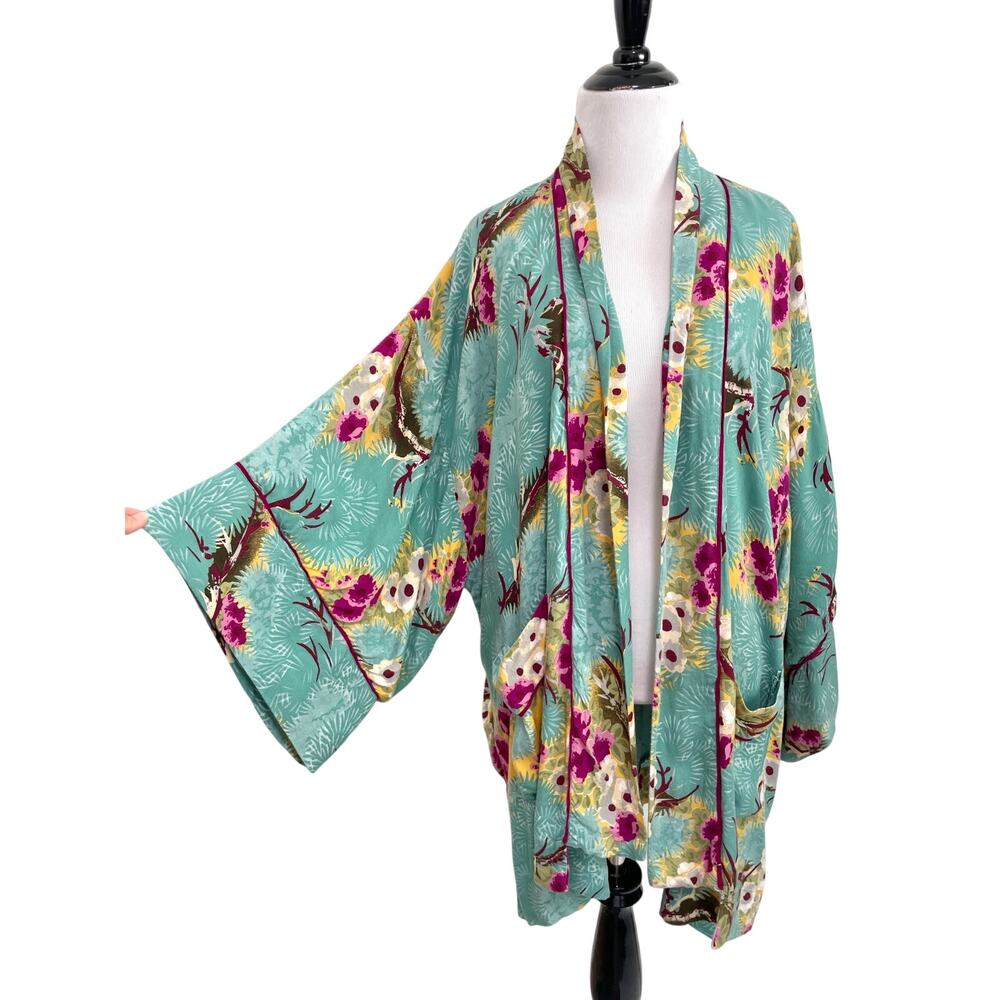Floreat Anthropologie Womens Kimono Cardigan M/L Colorful Floral Boho Artsy
